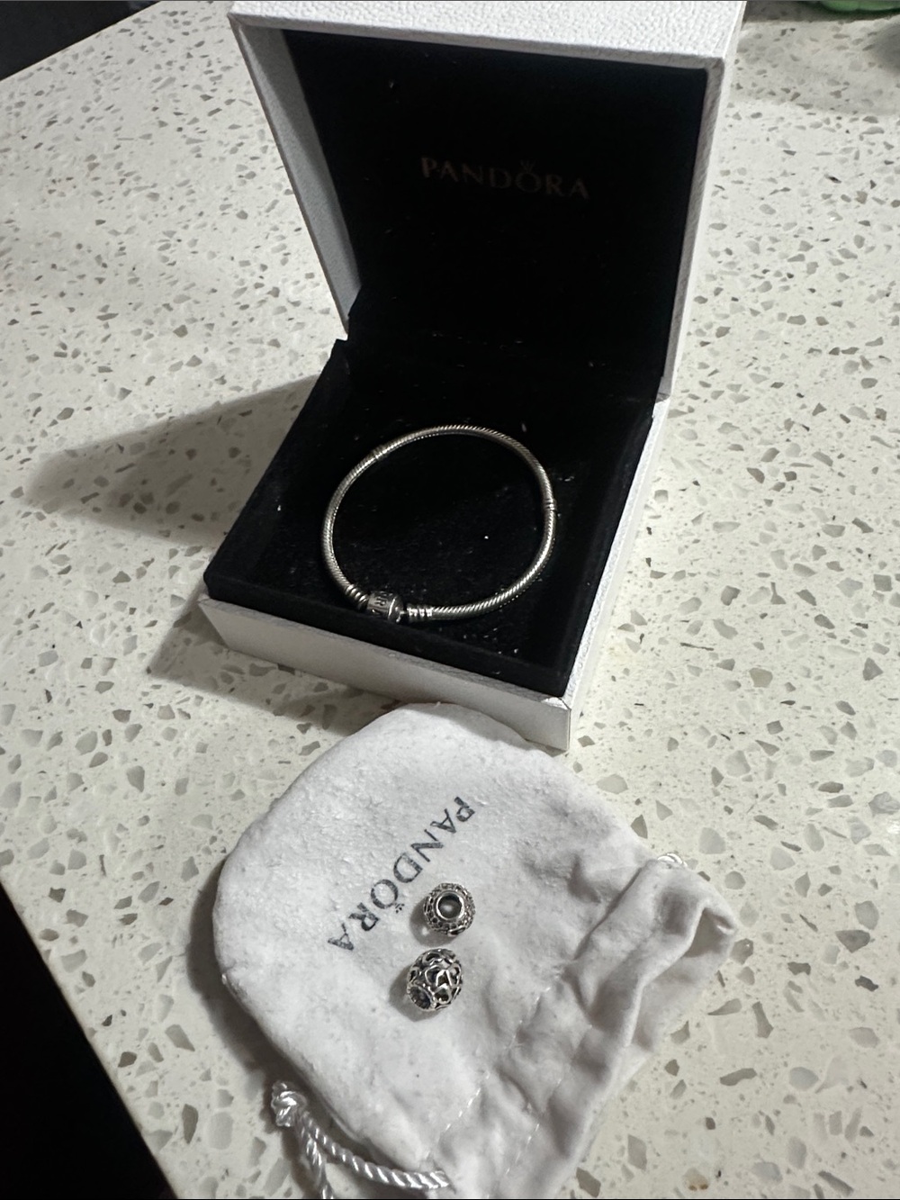 Pandora Silver Snake Chain Bracelet with Two Silver Decorative Charms